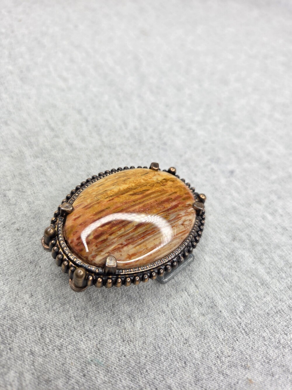Womens Orange Agate Belt Buckle Copper Tone Oval Beaded Rim Cabochon Stone